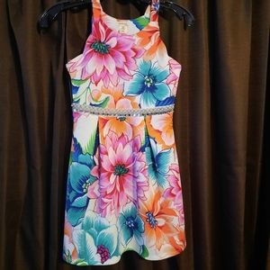 Girls Monteau Size M (8-10) White with large Pink, Coral, and Turquoise  flowers